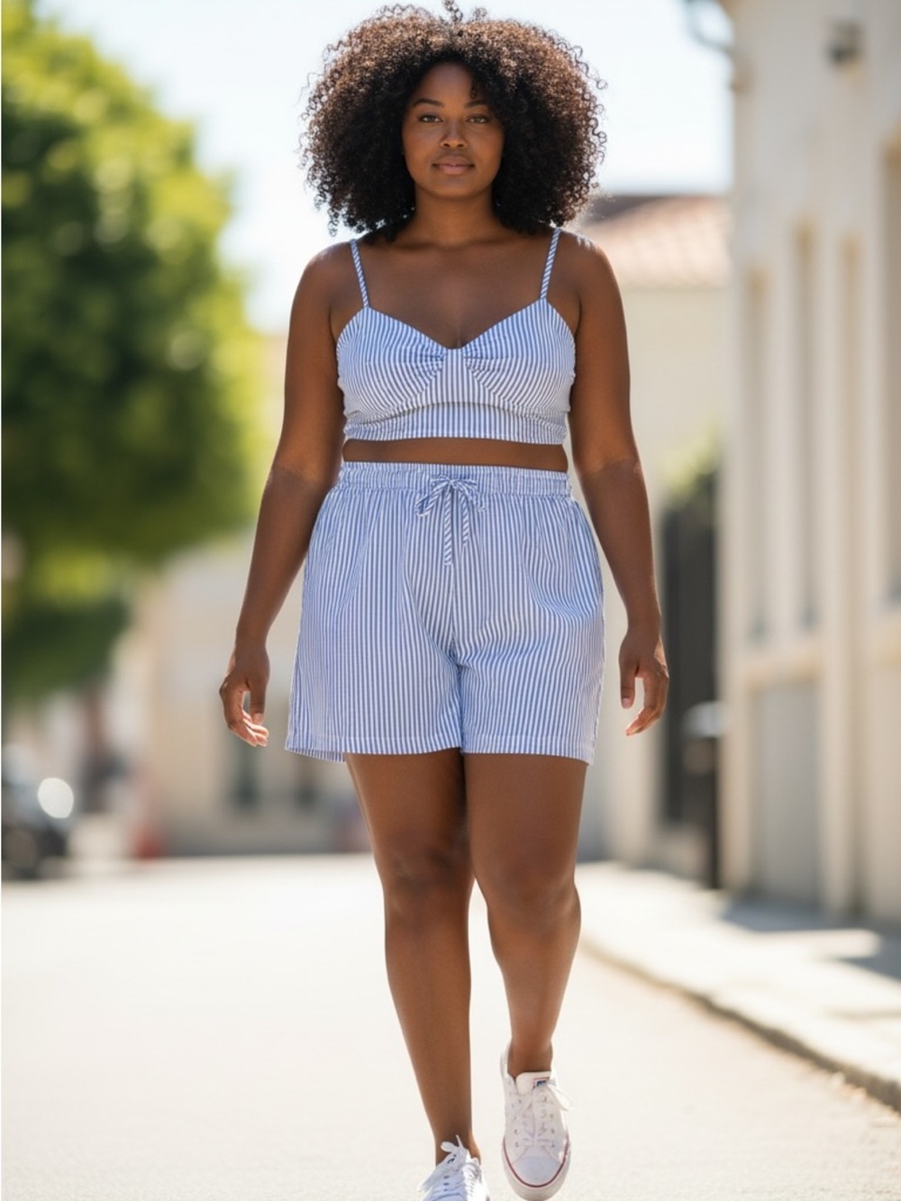 SHEIN Blue & White Striped Two-Piece Swim Coverup Set, Summer Beach Outfit